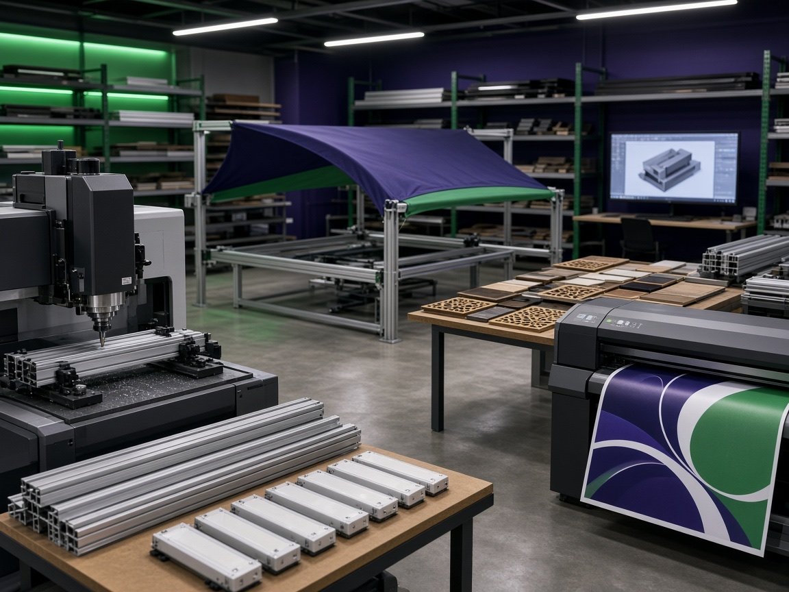 Taller de producción de stands: CNC, impresión gran formato y sistemas de aluminio (imagen sintética)