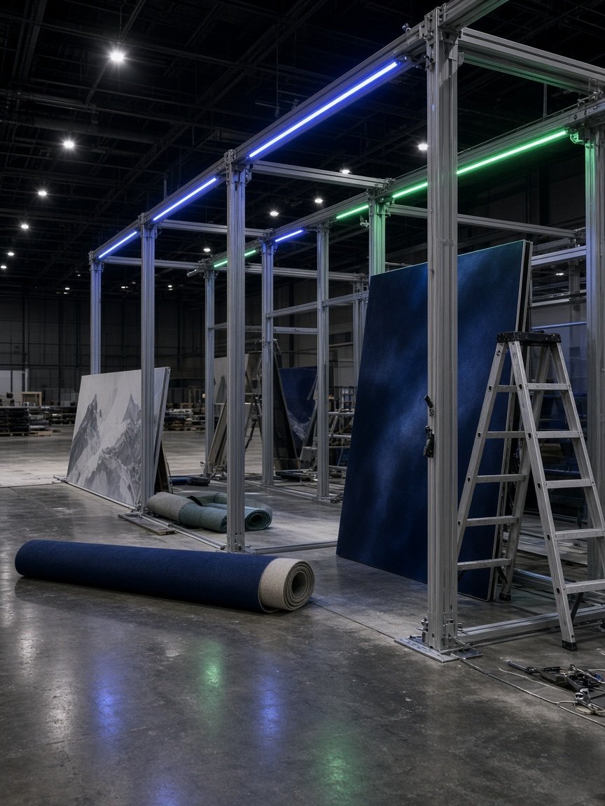 Montaje de stand en piso de expo (imagen sintética)