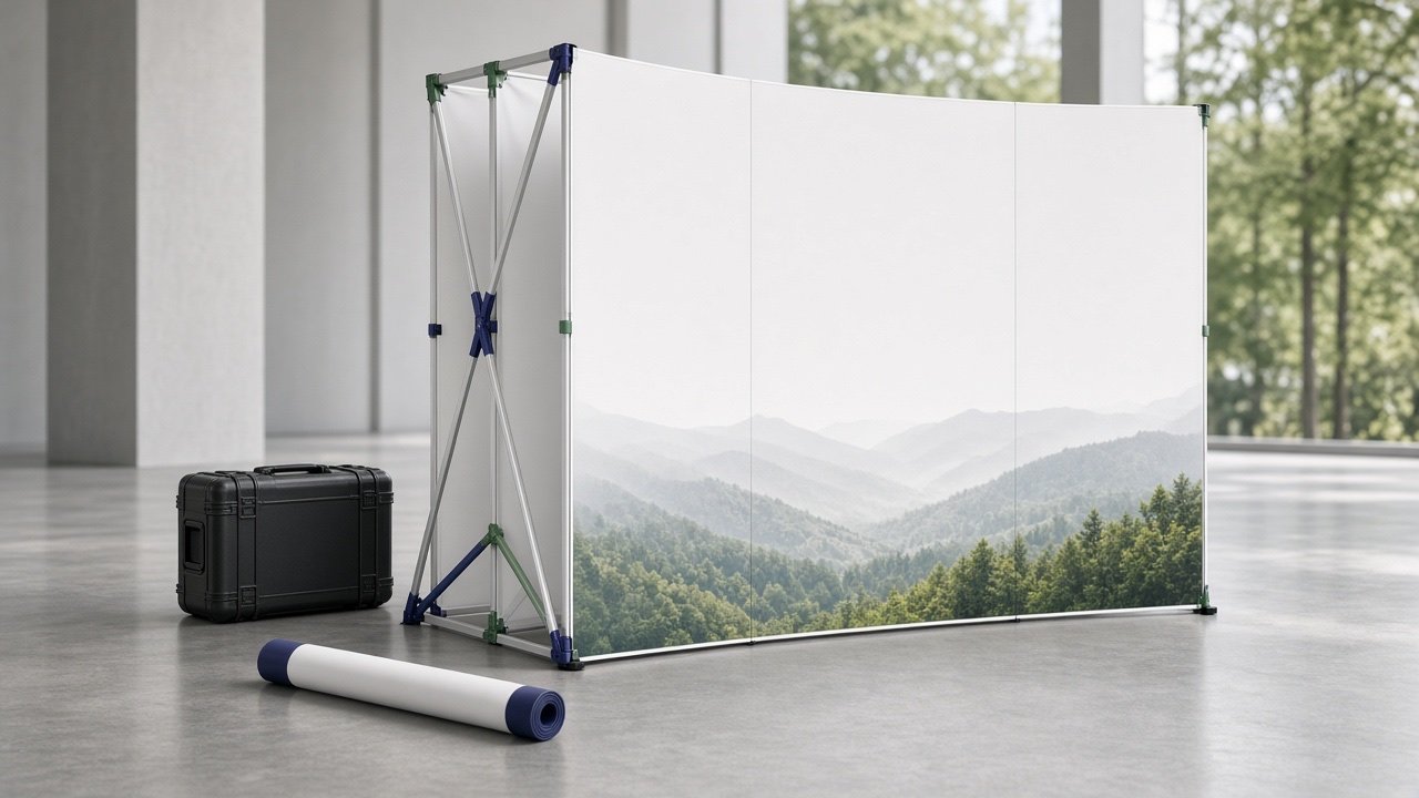 Stand portátil listo para viajar (imagen sintética)